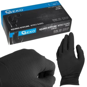 Expresní Doručení Nitrilové rukavice Solid Grip 3D, pevné, odolné chemikáliím, 50 ks, černé, velikost L - GEKO