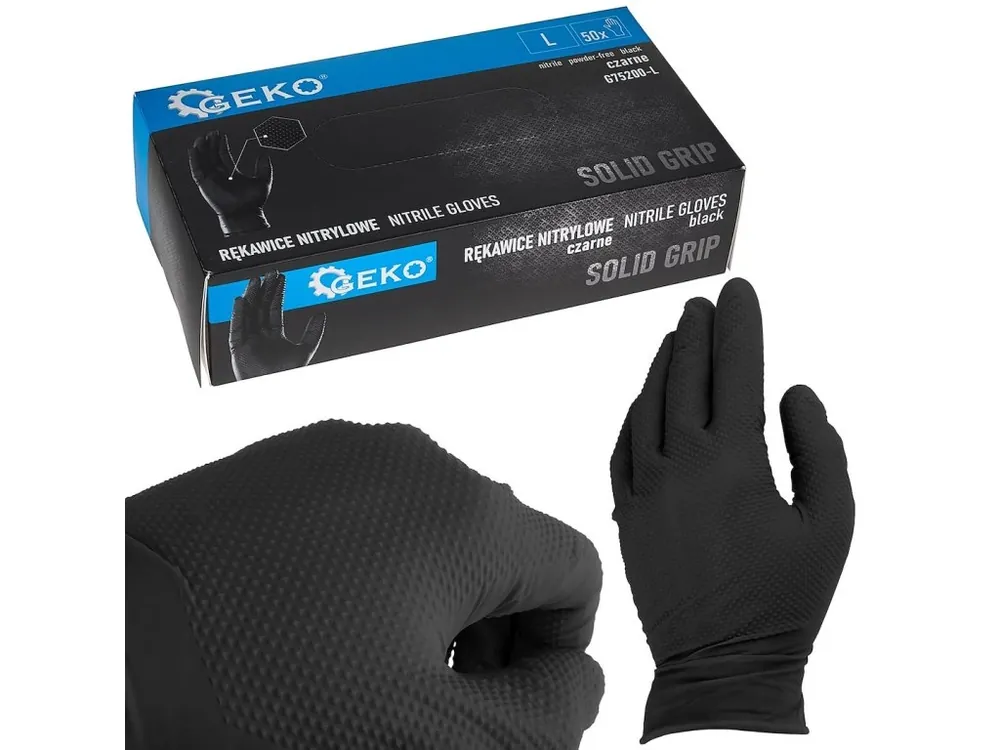 Expresní Doručení Nitrilové rukavice Solid Grip 3D, pevné, odolné chemikáliím, 50 ks, černé, velikost L - GEKO